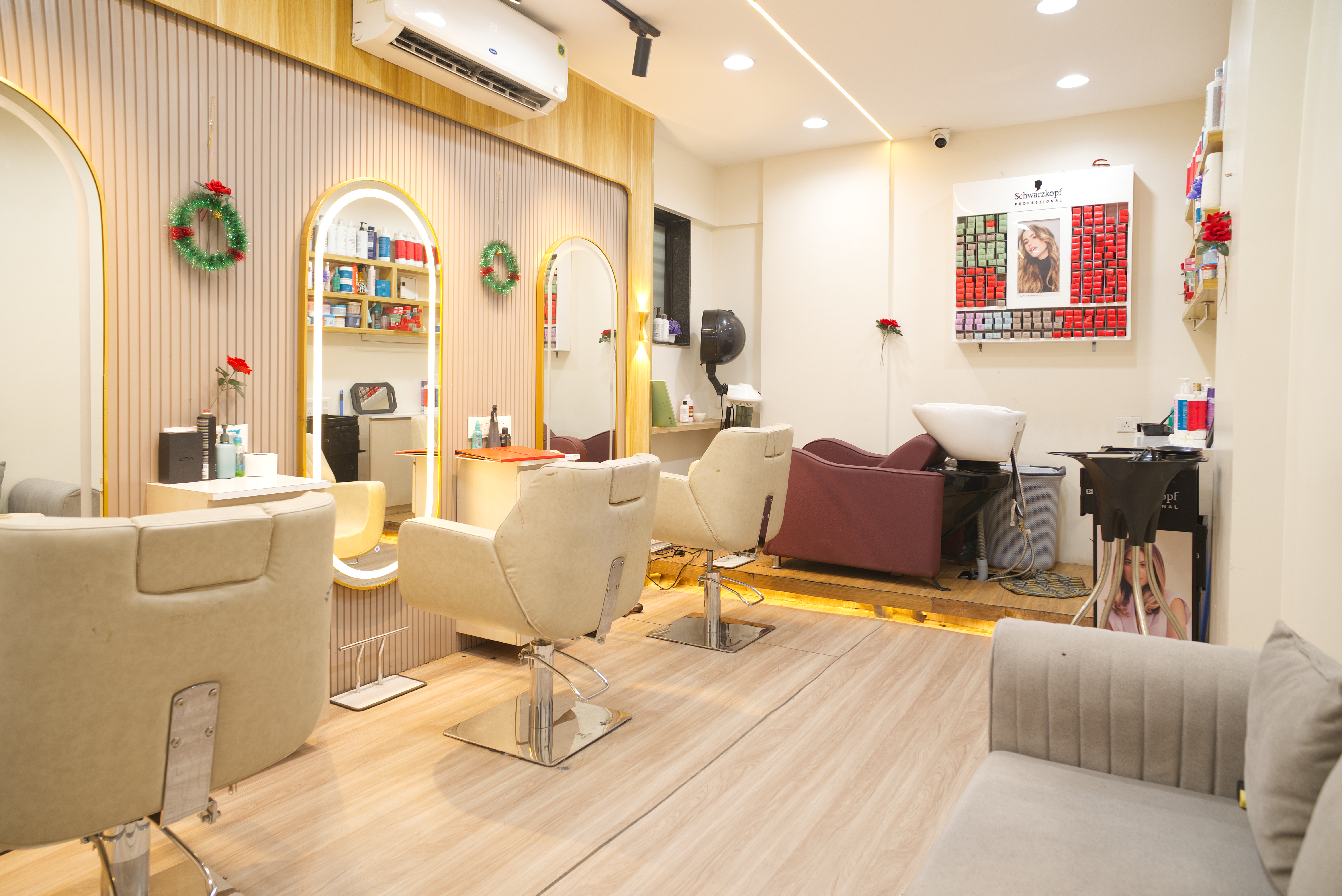 Apricot Salon — Hair styling floor with arched gold mirrors